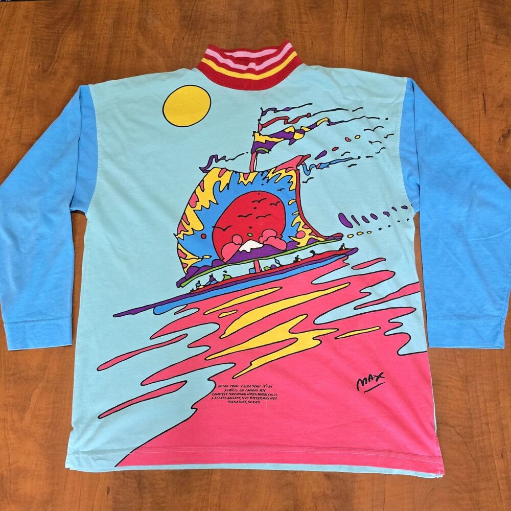 Neomax Vintage 80s Peter Max Long Sleeve China Seas Colorblock Turtleneck Tee M